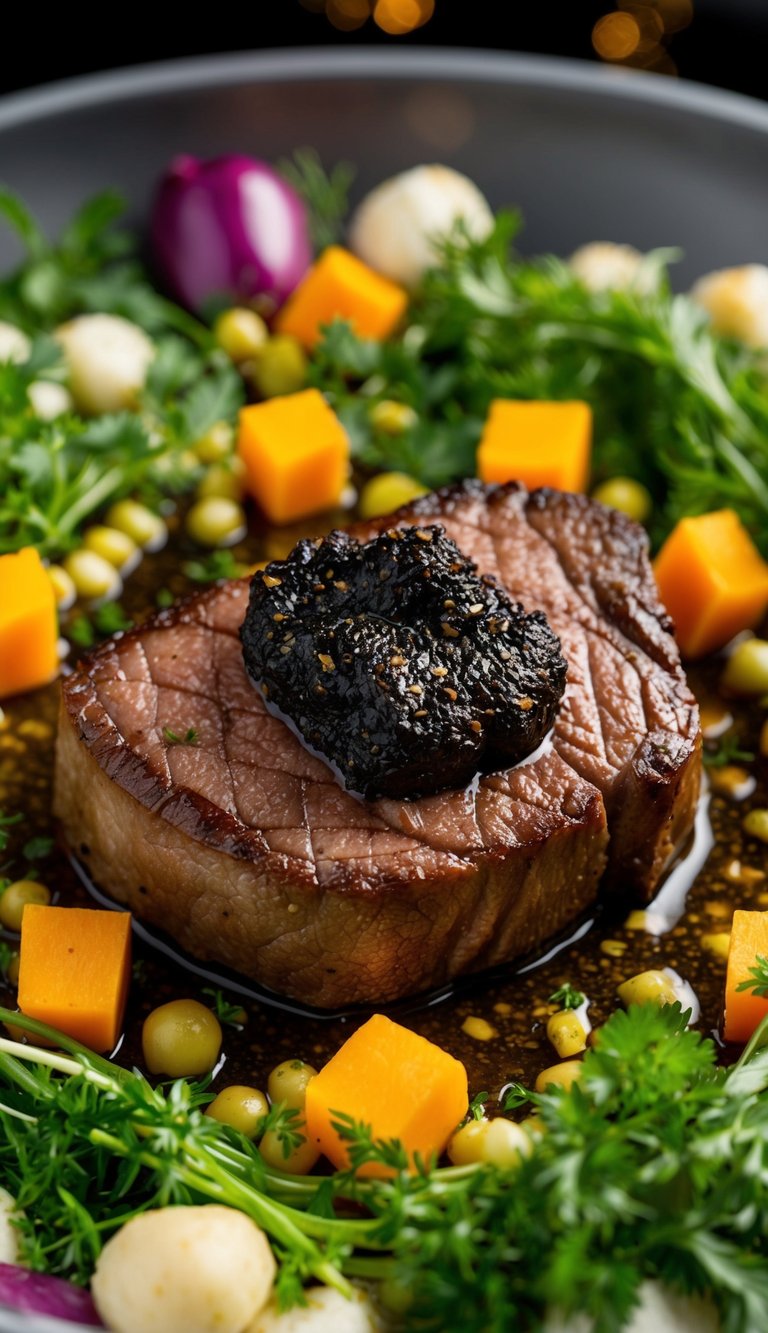 A sizzling Wagyu filet mignon steak topped with black truffle butter, surrounded by a bed of vibrant, fresh herbs and vegetables
