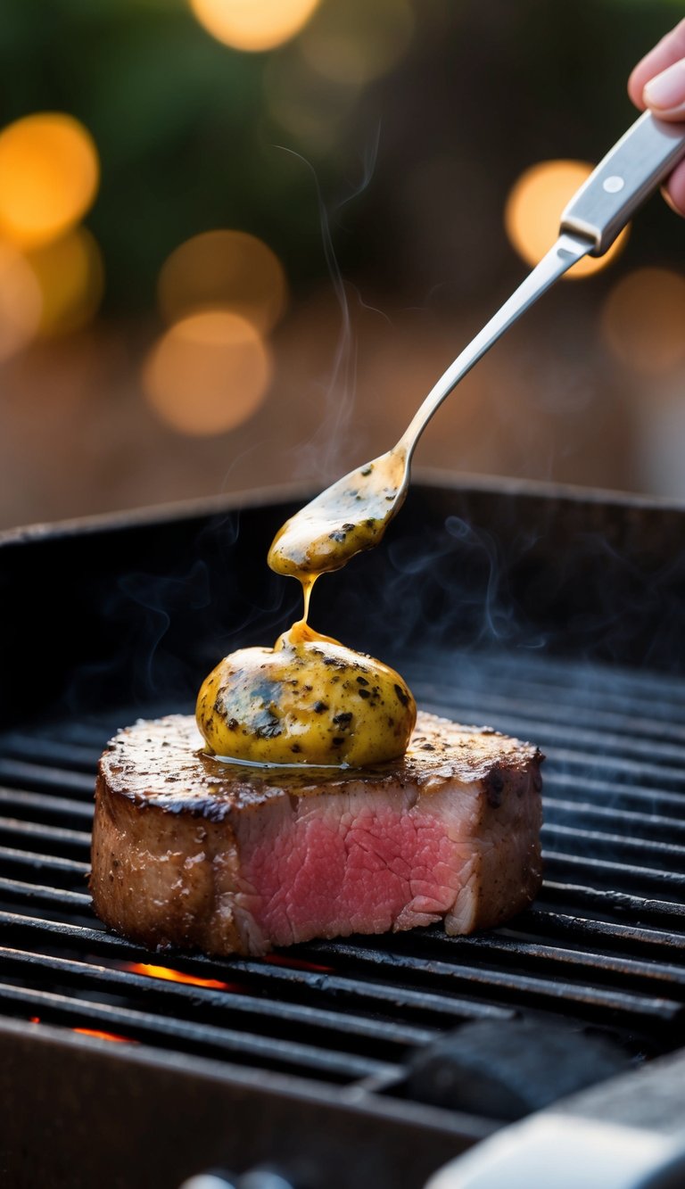 A sizzling Wagyu filet mignon searing on a hot grill, with black truffle butter melting on top, creating a mouthwatering aroma