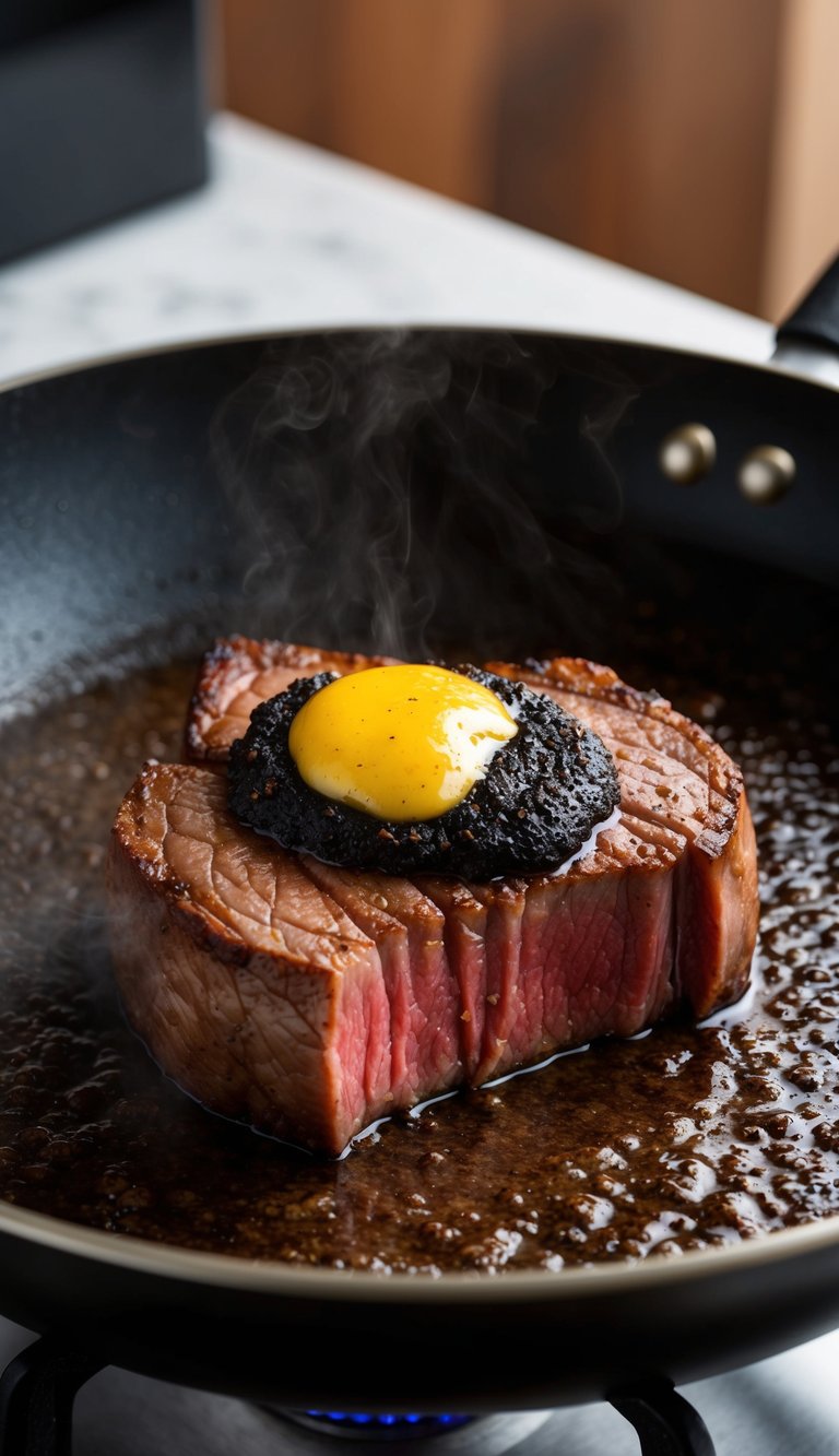 A sizzling Wagyu filet mignon steak searing in a hot pan, with a dollop of black truffle butter melting on top