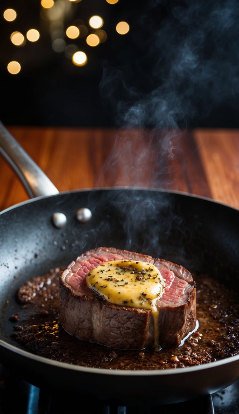 A sizzling Wagyu filet mignon searing in a hot pan, with black truffle butter melting on top, filling the air with a rich, savory aroma