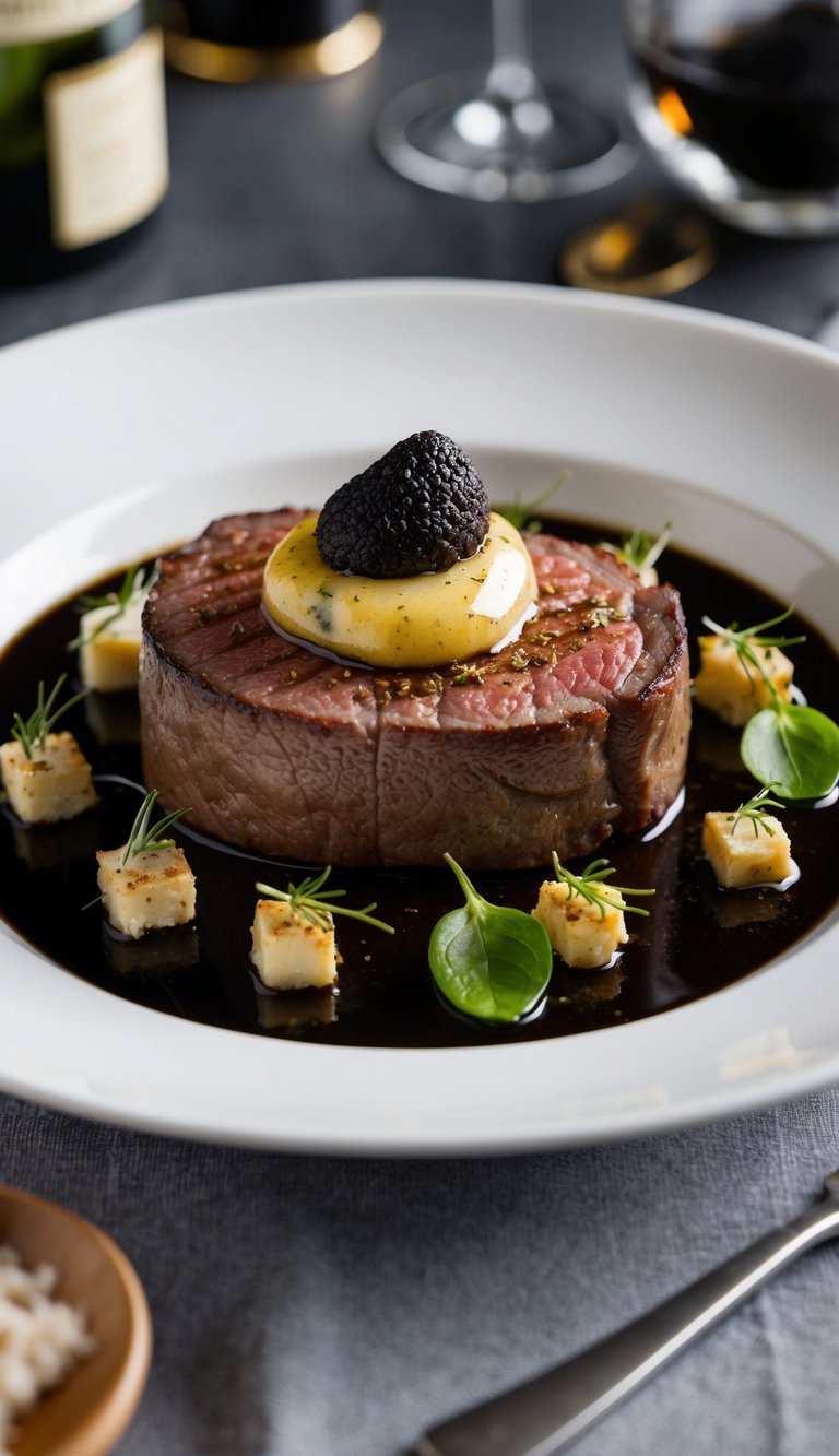 A sizzling Wagyu filet mignon sits on a white plate, topped with a dollop of black truffle butter and surrounded by elegant garnishes