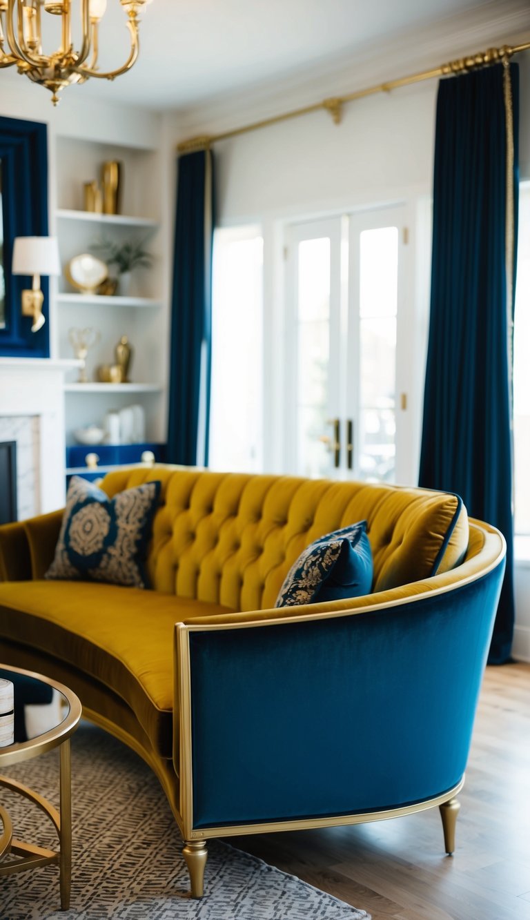 A luxurious gold velvet sofa sits in a living room adorned with deep blue accents, creating a rich and elegant atmosphere