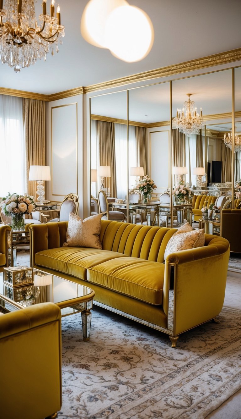 A lavish living room with a gold velvet sofa and mirrored furniture, creating an opulent and luxurious atmosphere