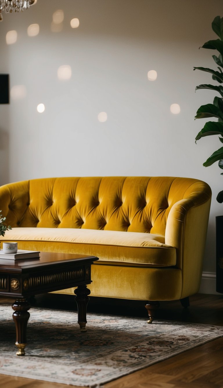 A gold velvet sofa sits in front of a rich, dark wood coffee table in a cozy living room