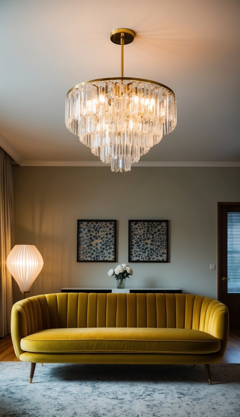 A gold velvet sofa sits in a mid-century modern living room, illuminated by a stunning chandelier