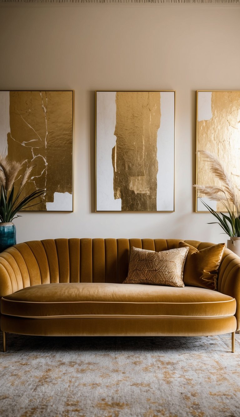 A luxurious living room with a gold velvet sofa surrounded by abstract gold-themed art. Rich, warm tones create a cozy and elegant atmosphere