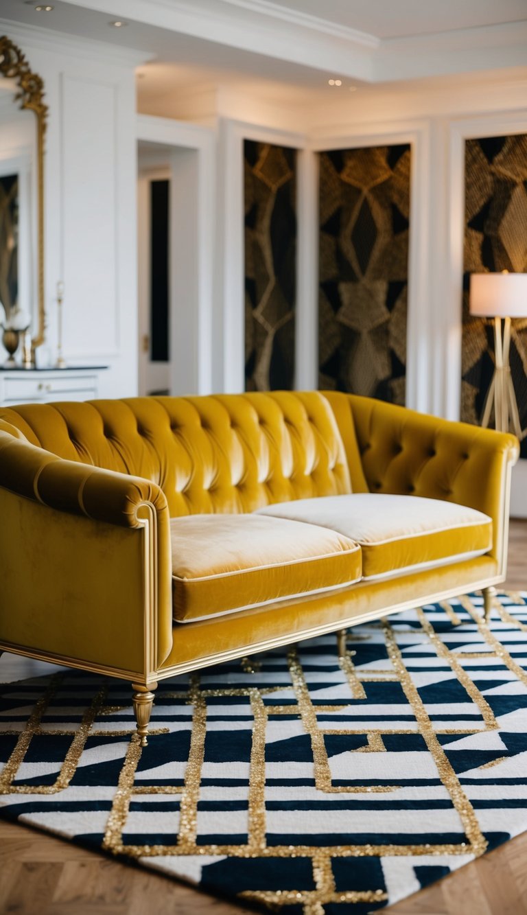 A luxurious gold velvet sofa sits atop a geometric rug with gold threads, creating an opulent living room setting