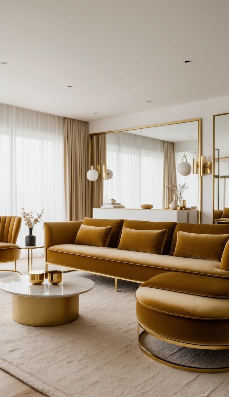 A spacious living room with a sleek gold velvet sofa, adorned with minimalistic gold elements, creating a luxurious and elegant ambiance