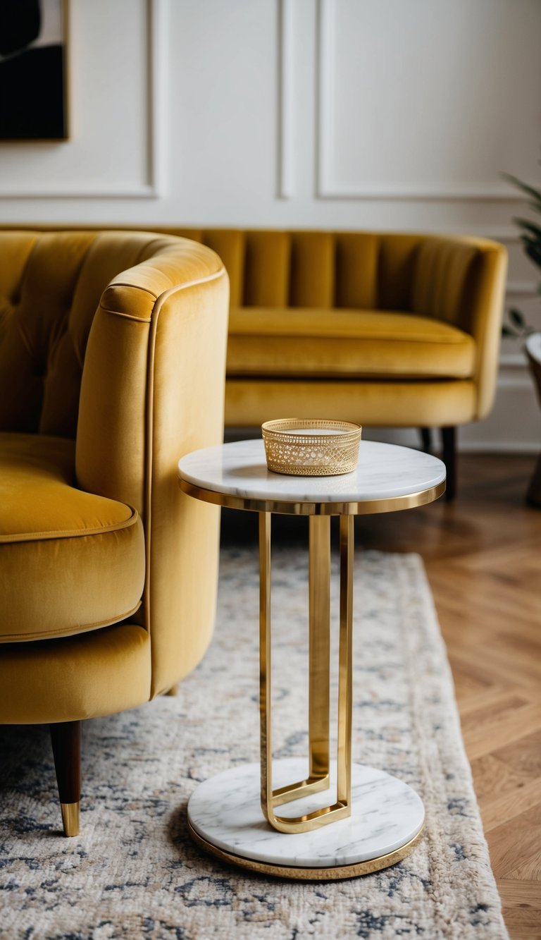 A gold velvet sofa sits beside a marble side table in a chic living room