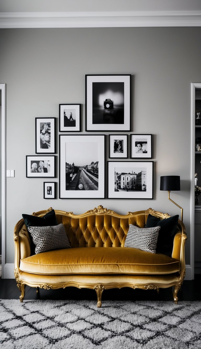 A luxurious gold velvet sofa sits in a monochrome living room adorned with black and white photographs