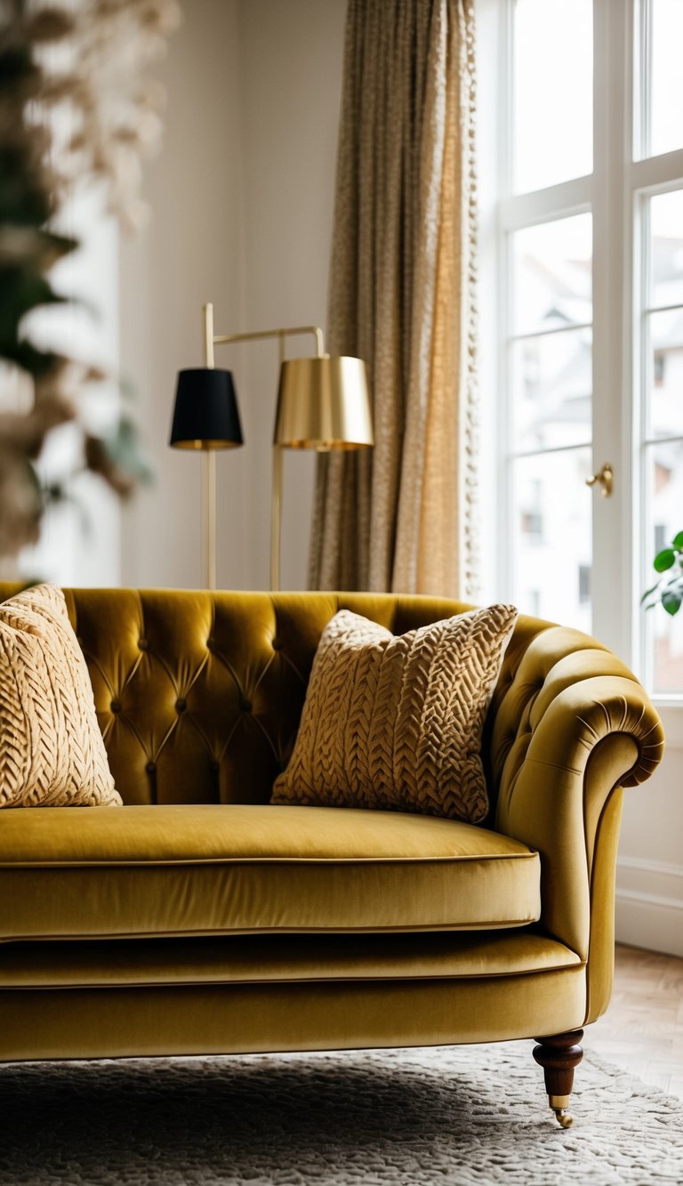 A luxurious gold velvet sofa sits in a cozy living room, adorned with textured fabrics for depth and warmth