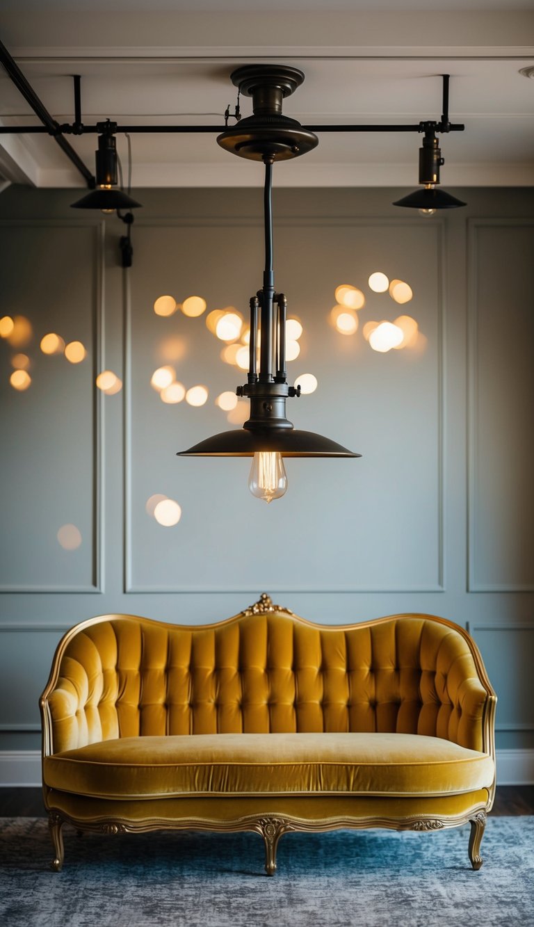 An industrial-style lighting fixture hangs above a luxurious gold velvet sofa in a stylish living room