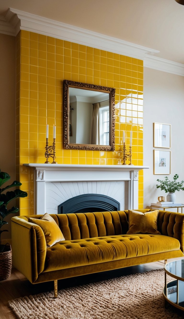 A cozy living room with a fireplace featuring bright yellow tiles and a luxurious gold velvet sofa