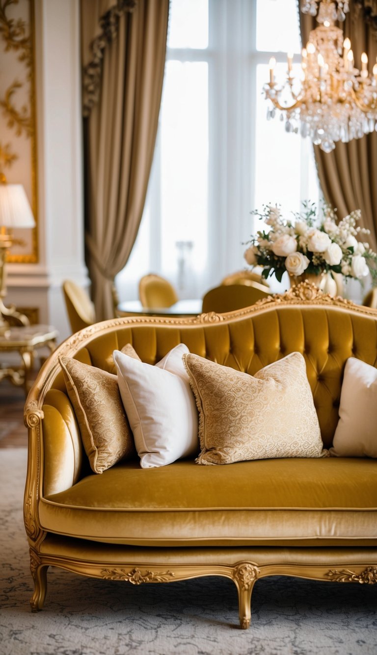 A luxurious gold velvet sofa adorned with plush contrasting cushions sits in an opulent living room, creating a cozy and elegant atmosphere