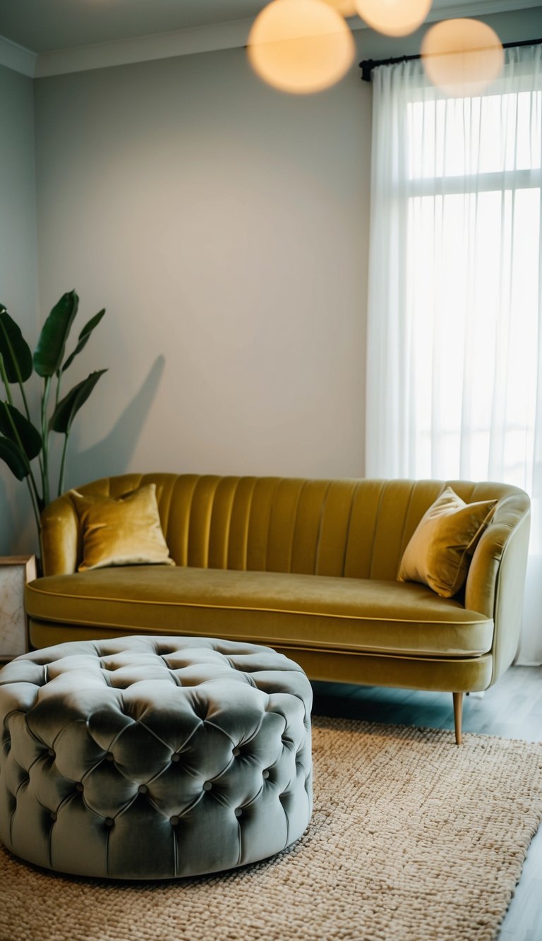 A gold velvet sofa sits in a living room, paired with a tufted ottoman for versatility