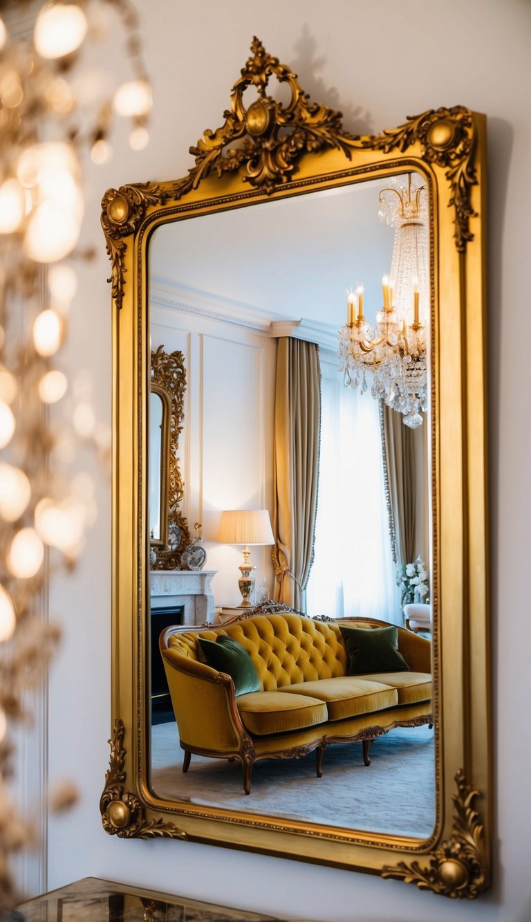 A vintage gold-framed mirror reflects a lavish living room with a gold velvet sofa, ornate decor, and soft lighting
