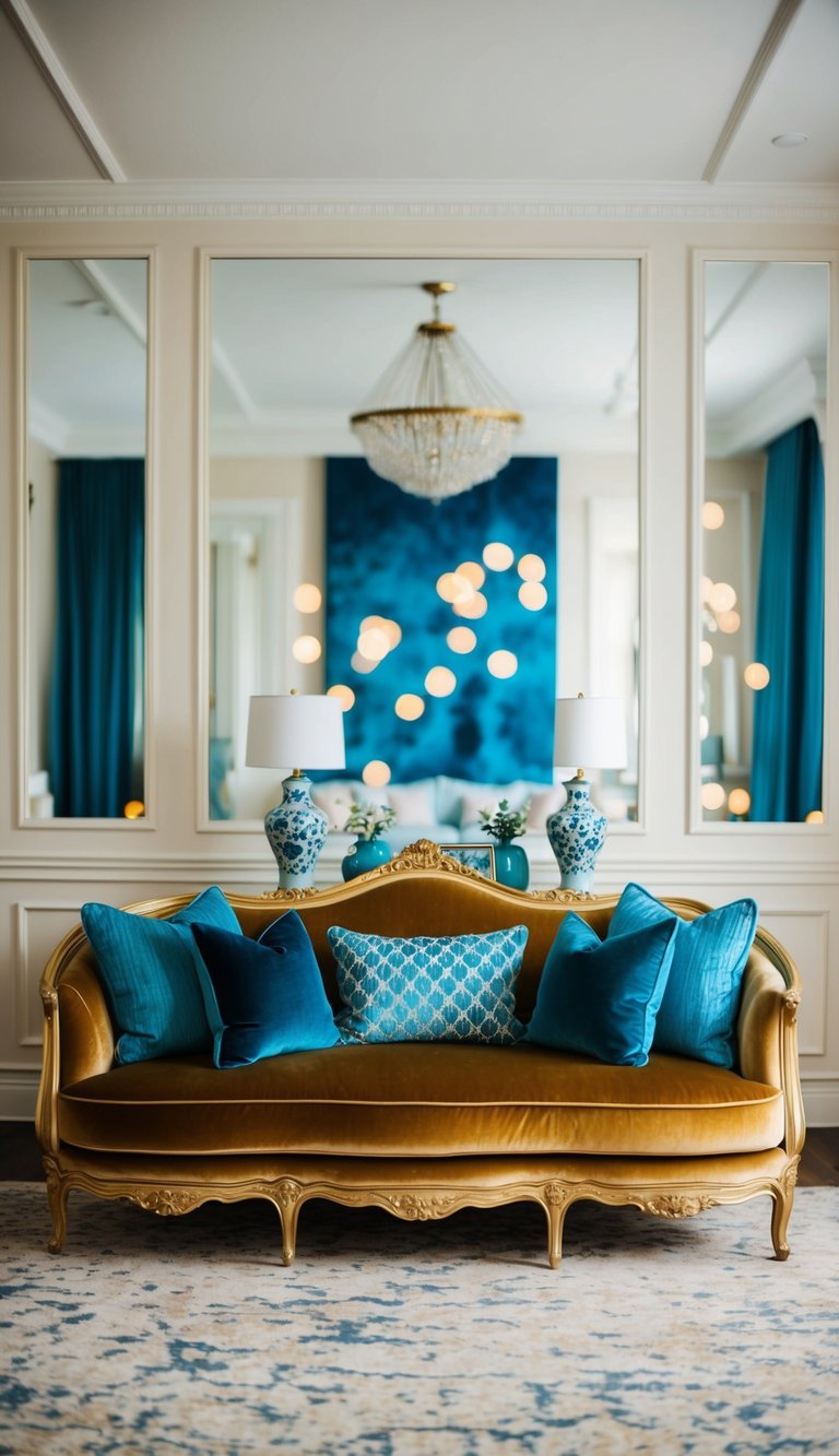 A luxurious living room with a gold velvet sofa, adorned with aqua blue accessories