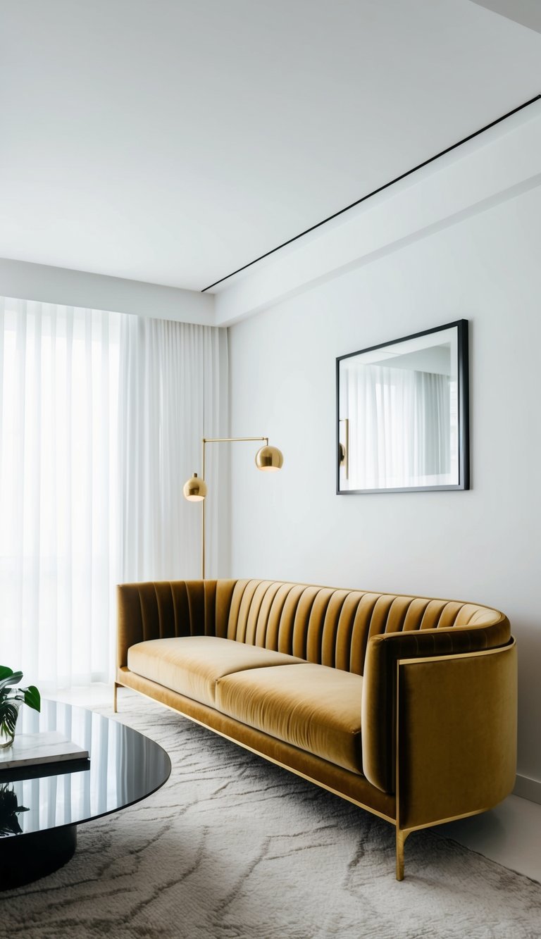 A sleek, modern living room with white walls and a luxurious gold velvet sofa as the focal point