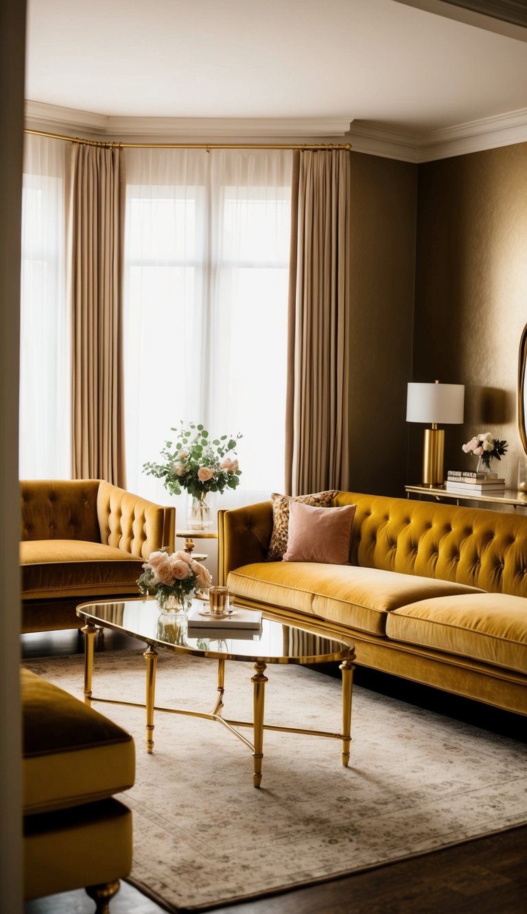 A luxurious living room with a gold velvet sofa and a glass coffee table with gold legs. Rich, warm tones and elegant decor create a cozy yet sophisticated atmosphere