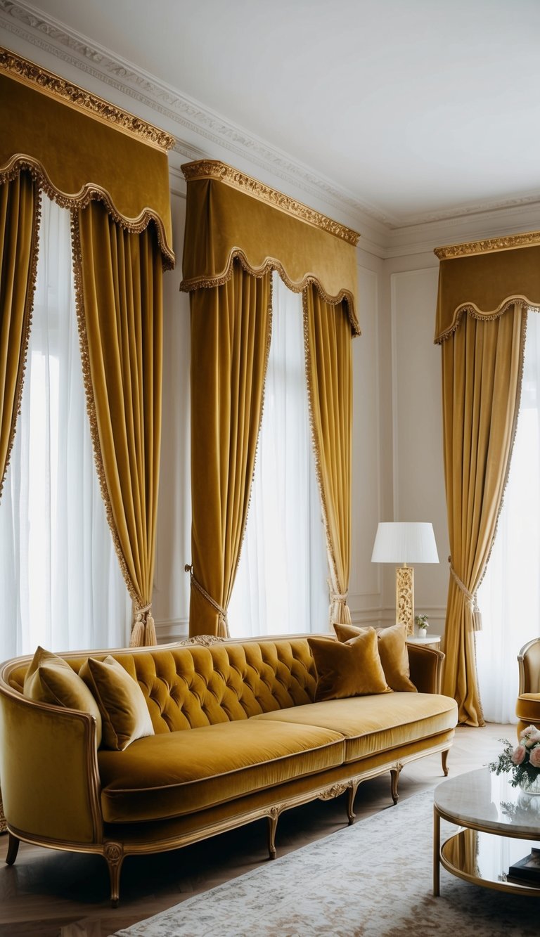 Elegant living room with gold-trimmed curtains, featuring a luxurious gold velvet sofa