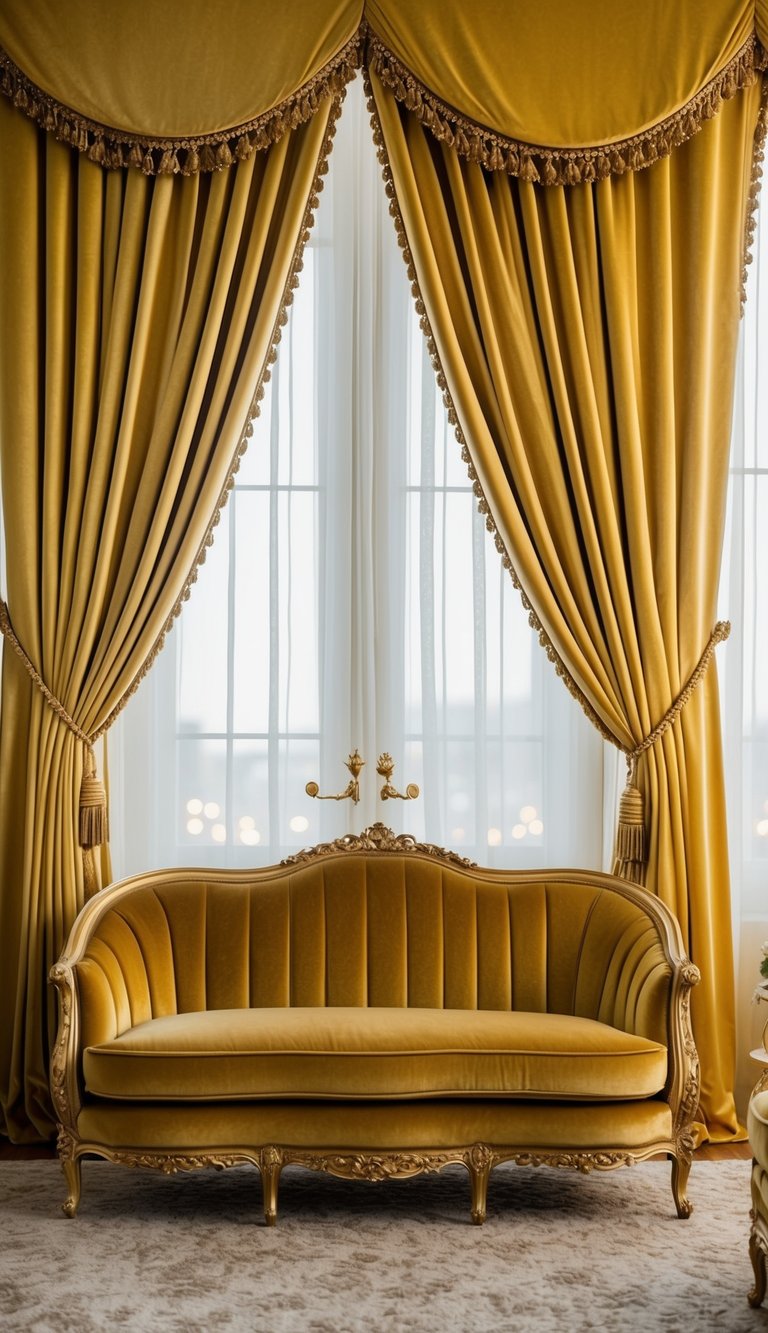 Golden-bowed curtains frame a luxurious gold velvet sofa in an opulent living room