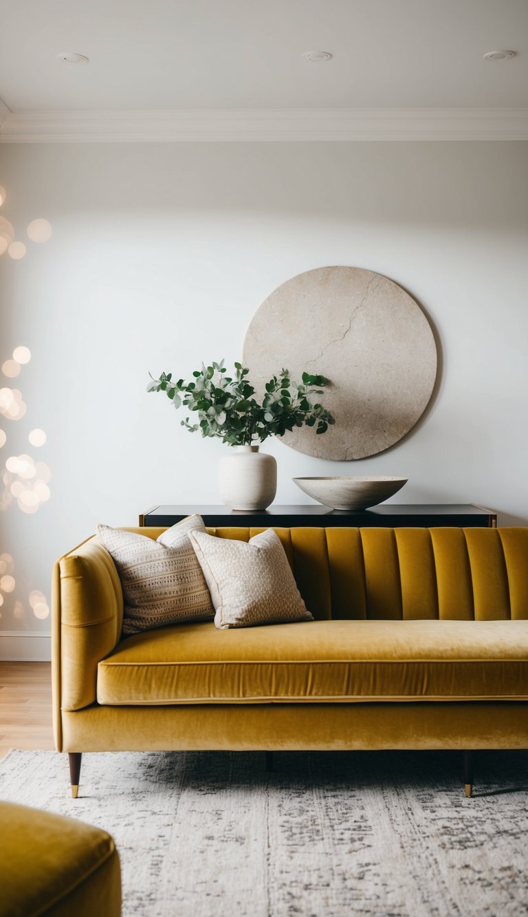 A gold velvet sofa sits in a spacious living room, adorned with a neutral stone statement piece
