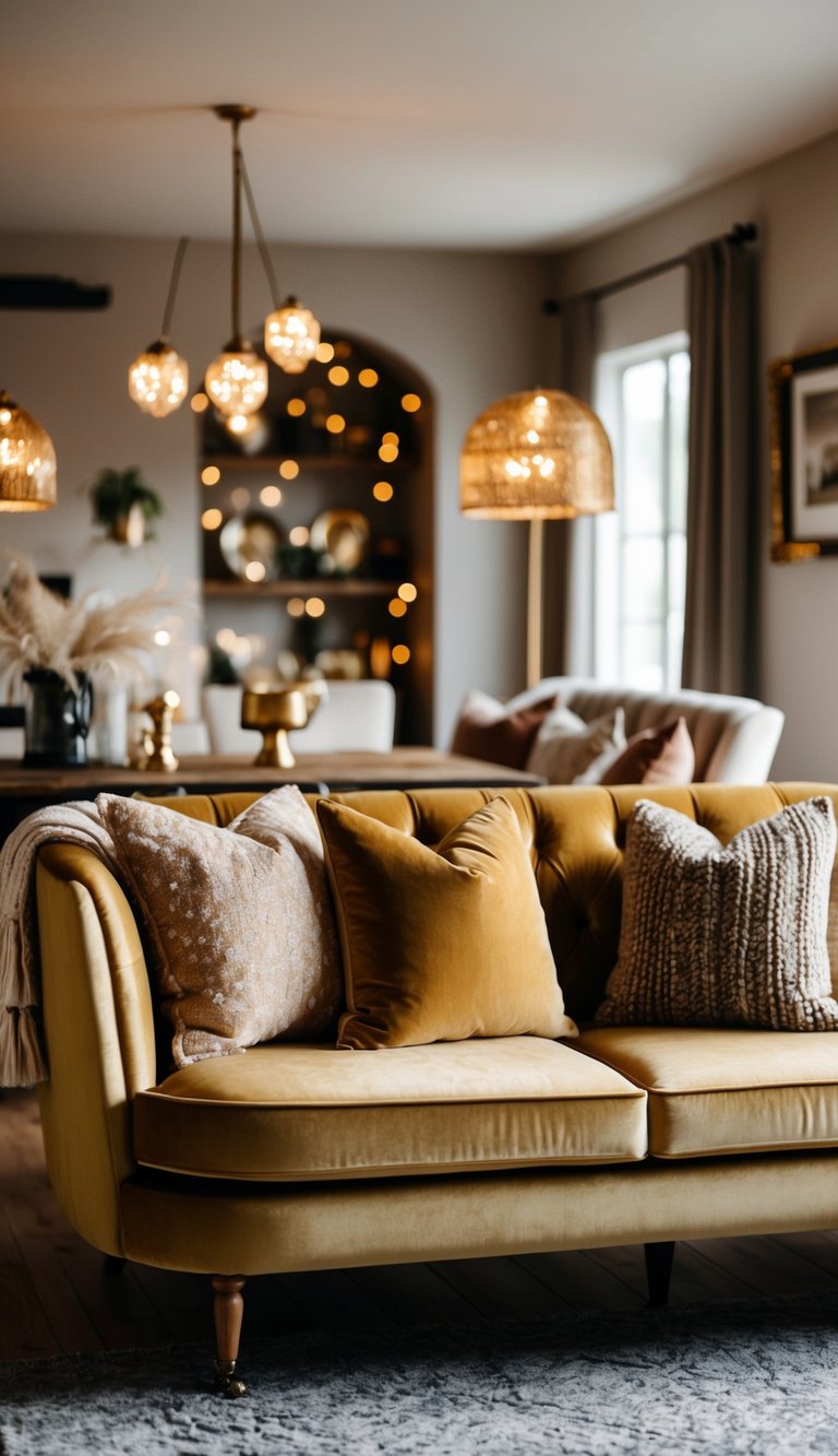A cozy living room with a plush gold velvet sofa, adorned with rustic decor and gold accents throughout the space