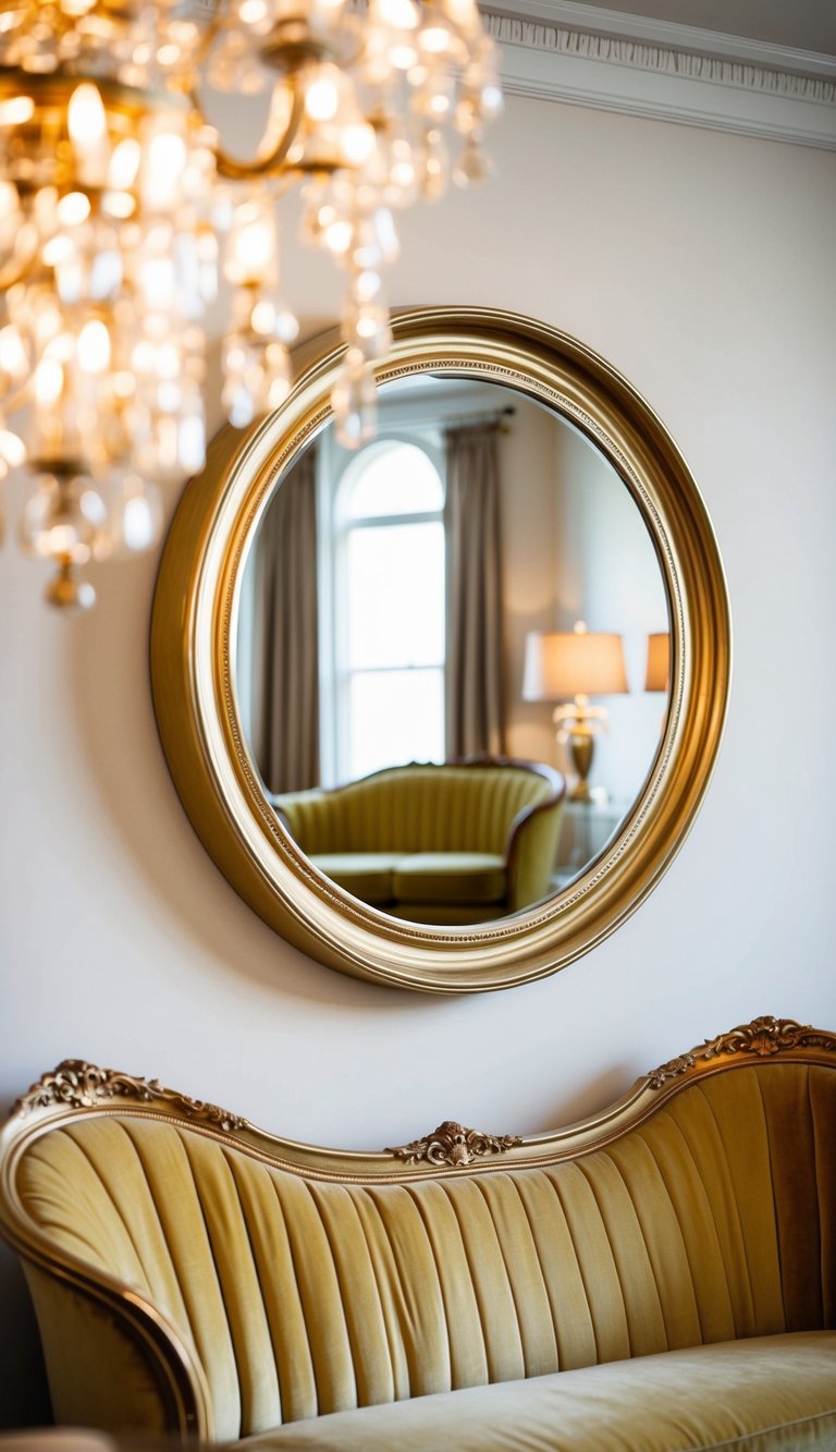 A round gold-trimmed mirror reflects a luxurious gold velvet sofa in an opulent living room