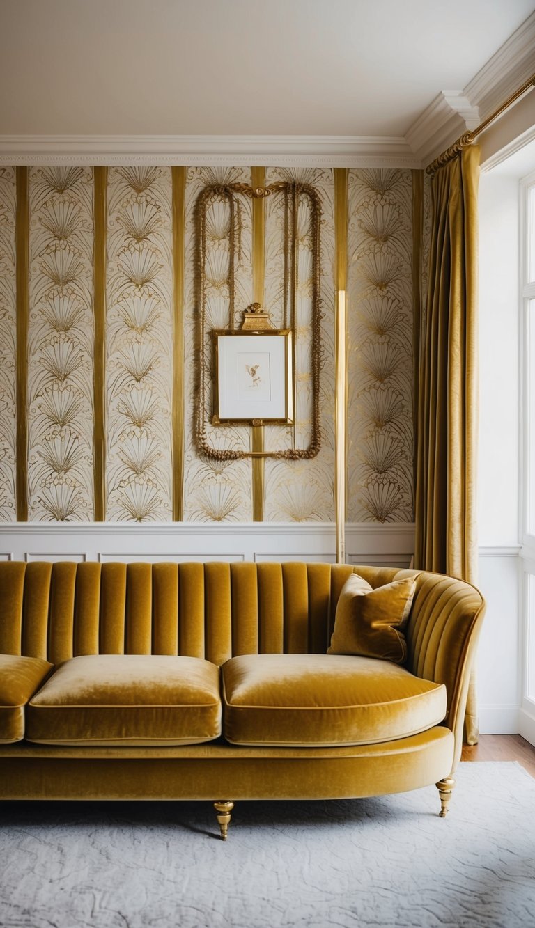 A luxurious living room with a gold velvet sofa against patterned wallpaper featuring gold accents