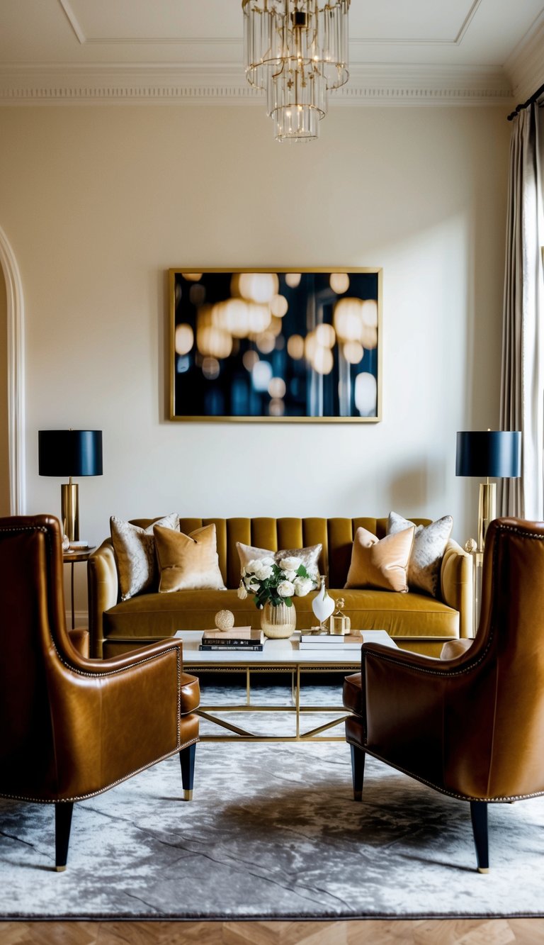 A luxurious living room with a gold velvet sofa paired with leather armchairs, a plush velvet rug, and metallic accents