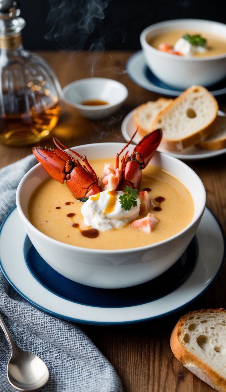 A steaming bowl of lobster bisque garnished with a dollop of crème fraîche and a drizzle of cognac, served with a side of crusty bread