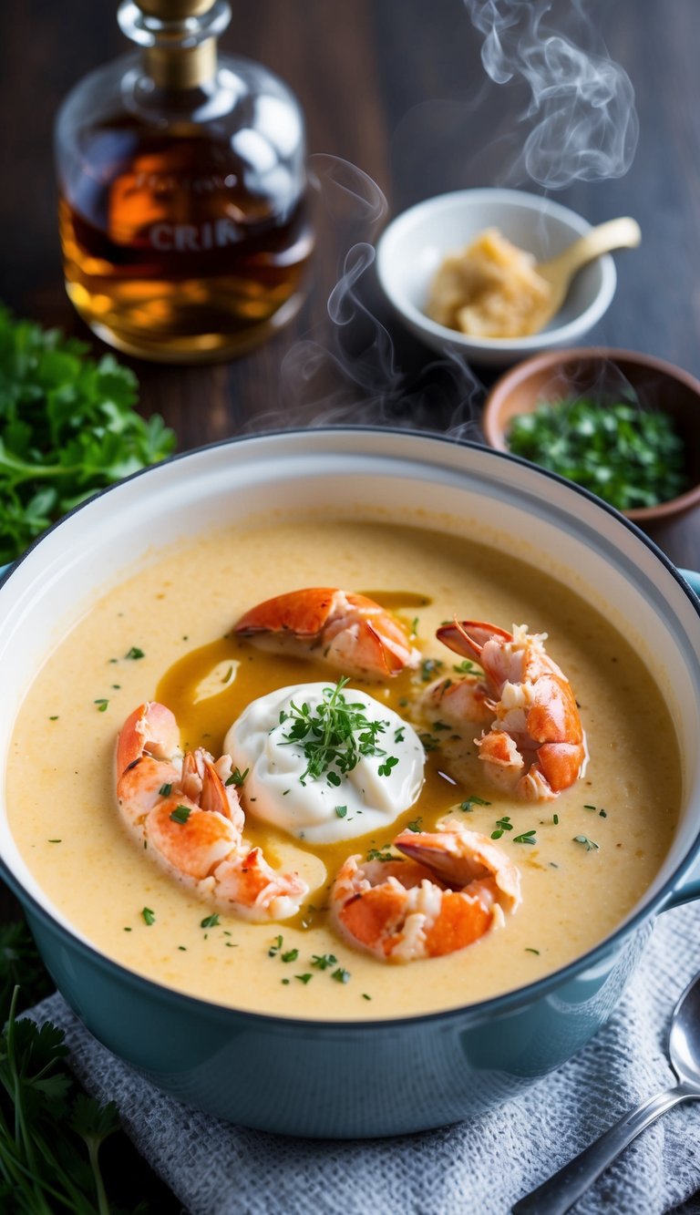 A steaming pot of creamy lobster bisque with a drizzle of cognac and a dollop of crème fraîche, garnished with a sprinkle of fresh herbs