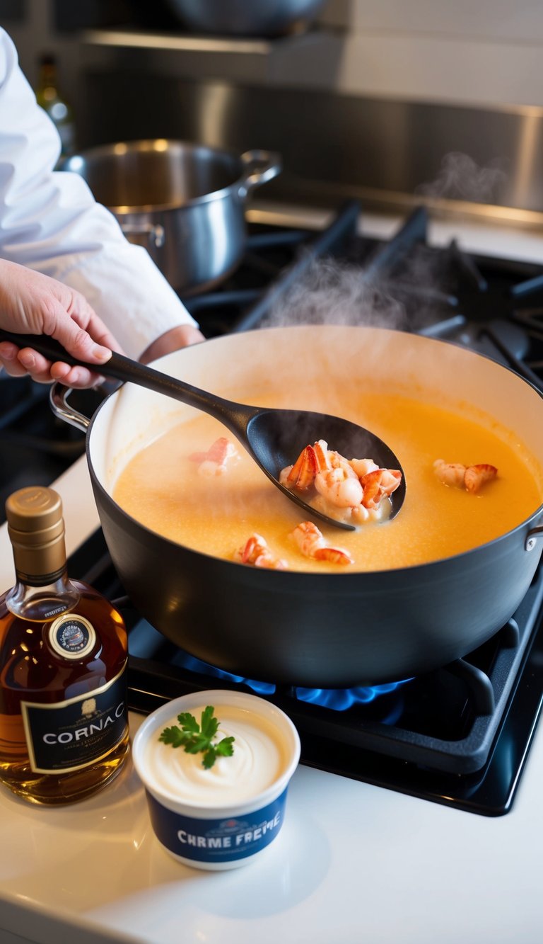 A chef stirring a pot of lobster bisque on a stove, with a bottle of cognac and a container of crème fraîche nearby