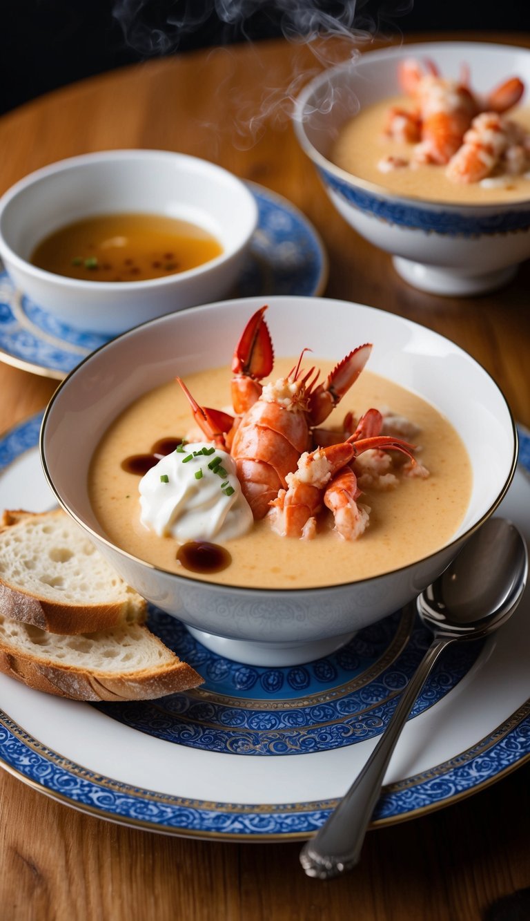 A steaming bowl of lobster bisque garnished with a dollop of crème fraîche and a drizzle of cognac, served on a decorative plate with a side of crusty bread