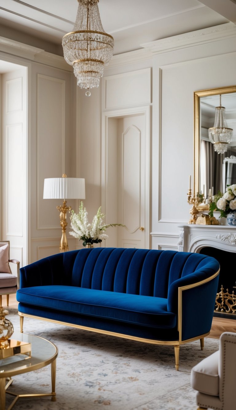 A navy blue velvet sofa with gold legs sits in a luxurious living room, surrounded by elegant decor