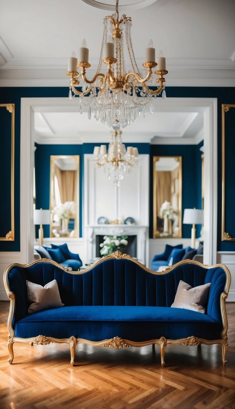 A luxurious navy blue velvet sofa with gold accents in an elegant living room