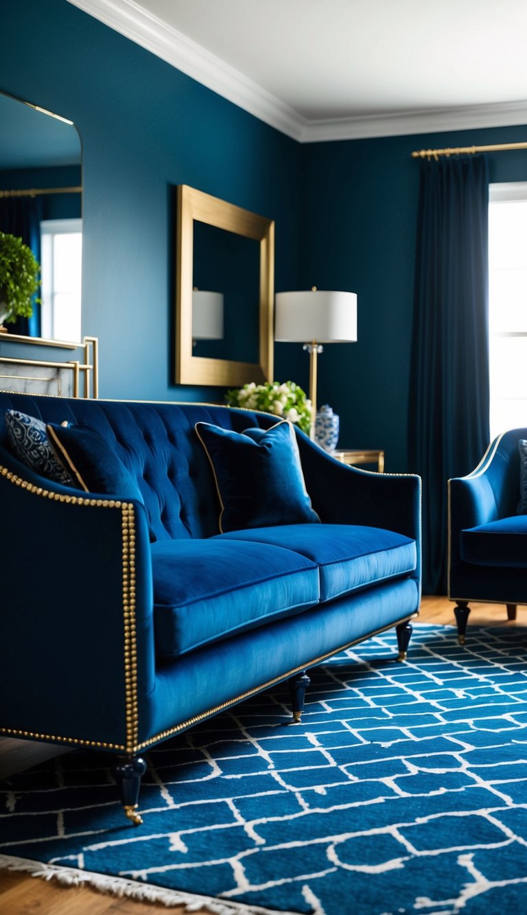 A luxurious indigo velvet sofa with gold nailhead trim sits in a navy blue and gold living room
