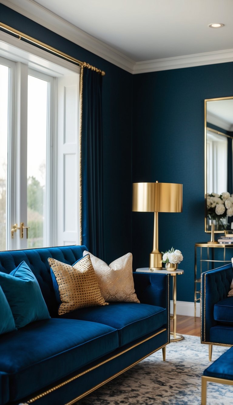 A navy blue velvet sofa with gold accents in a glamorous living room