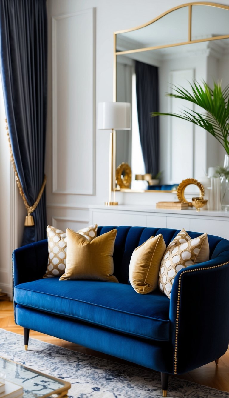 A navy blue velvet sofa adorned with chic gold throw pillows in a luxurious living room setting