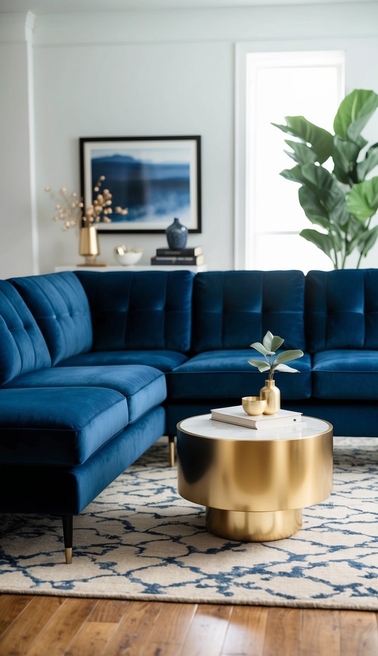 A modern navy blue and gold velvet sectional sofa in a living room