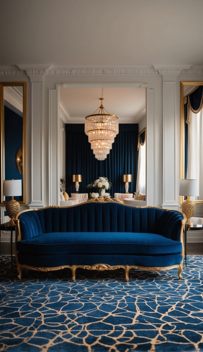 A navy blue velvet couch set with gold accents sits in a luxurious living room