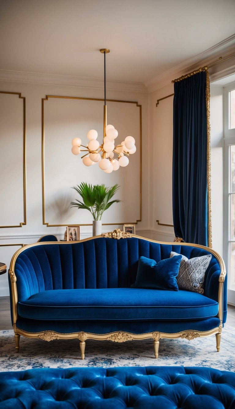 A luxurious navy blue velvet sofa with gold accents in a chic living room