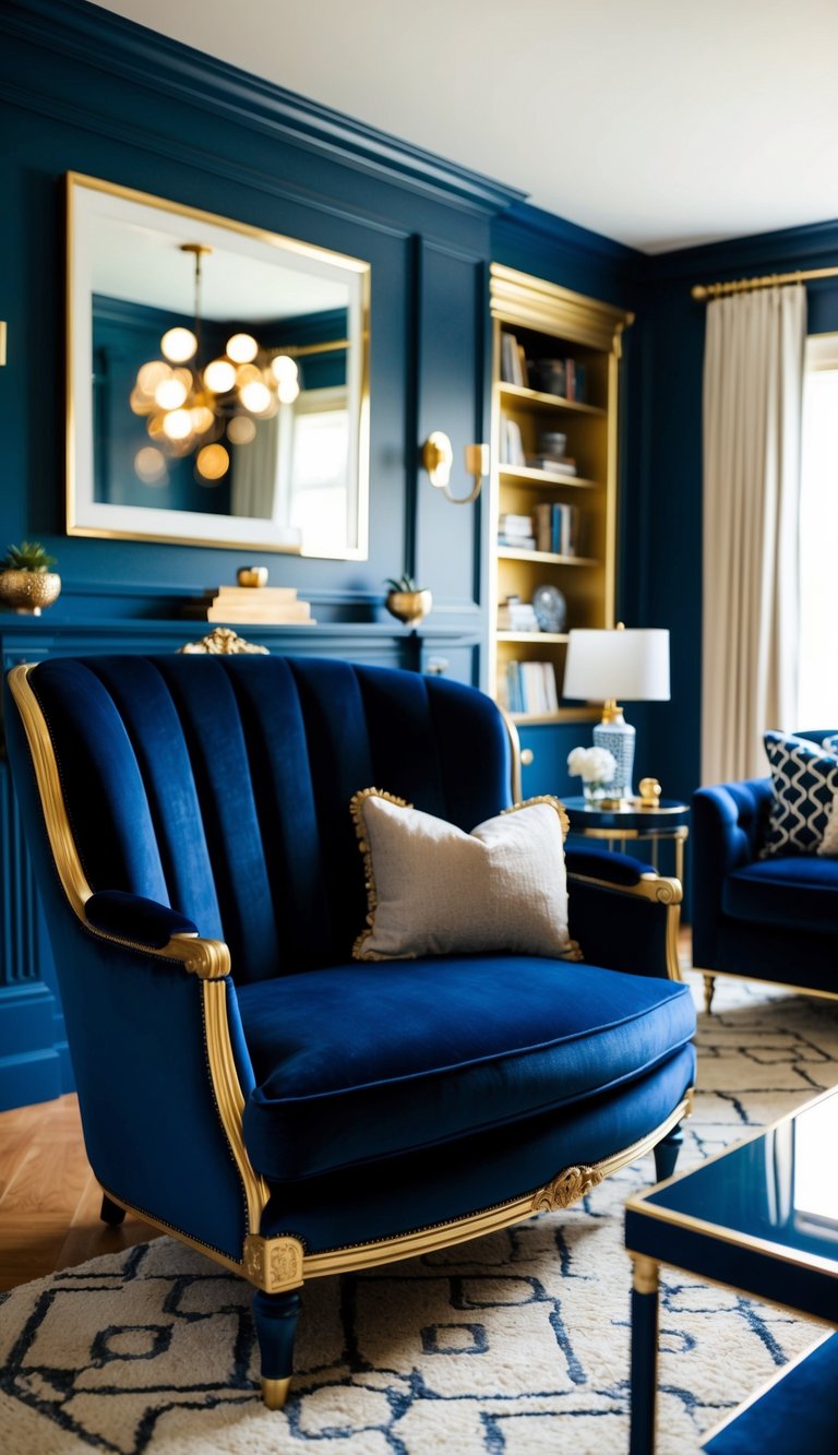 A plush navy velvet love seat sits in a luxurious navy blue and gold living room, adding elegance and comfort to the space