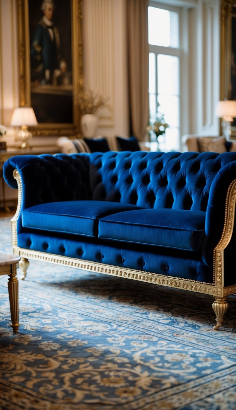 A luxurious navy blue velvet Chesterfield sofa with gold detailing sits in an opulent living room
