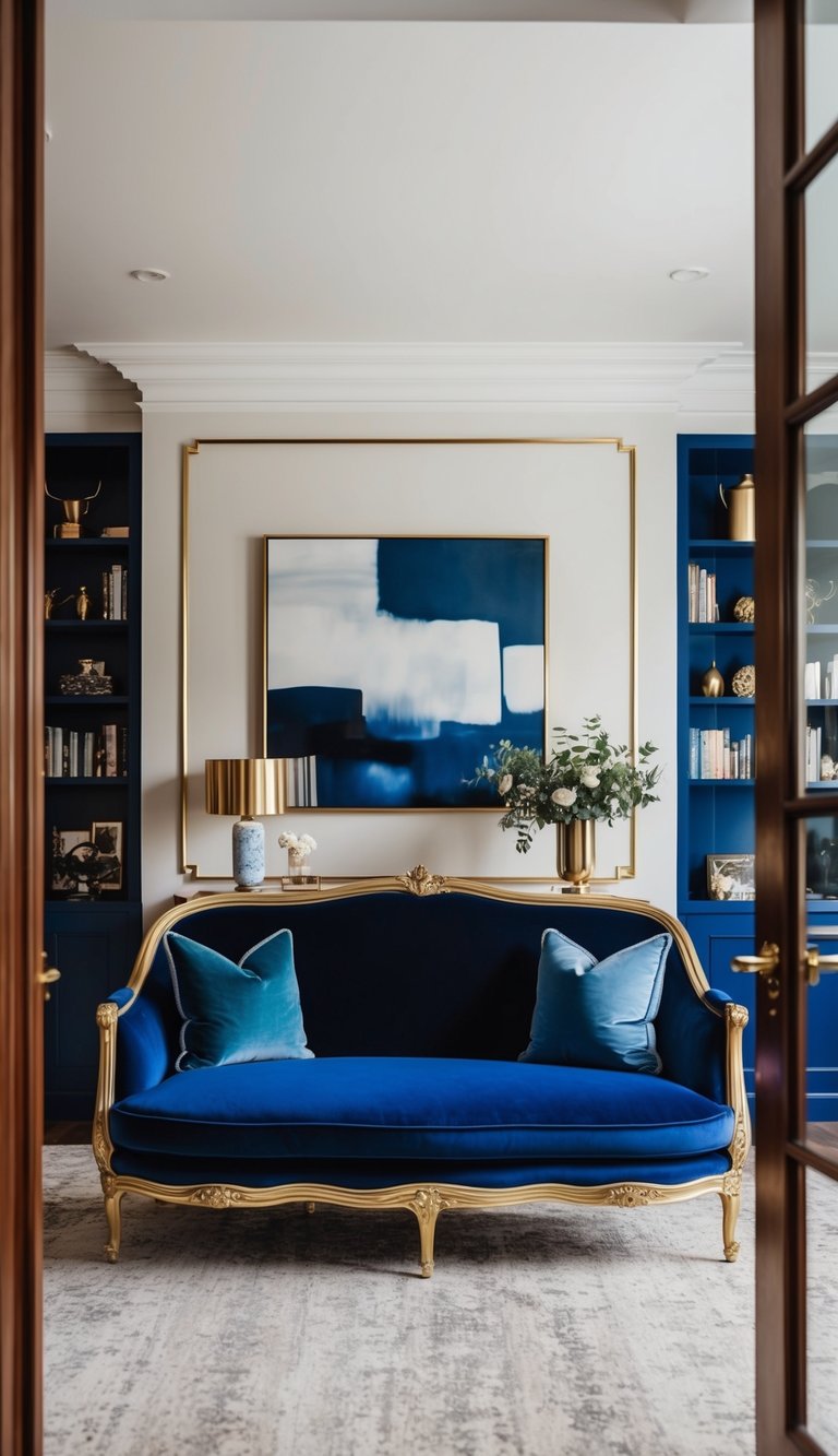 A navy blue velvet sofa with a metallic gold frame stands in a luxurious living room