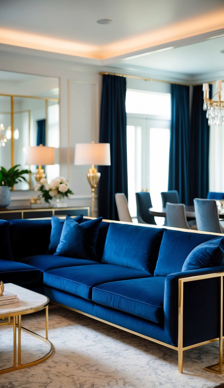 A navy blue velvet sectional with gold accents sits in a luxurious living room