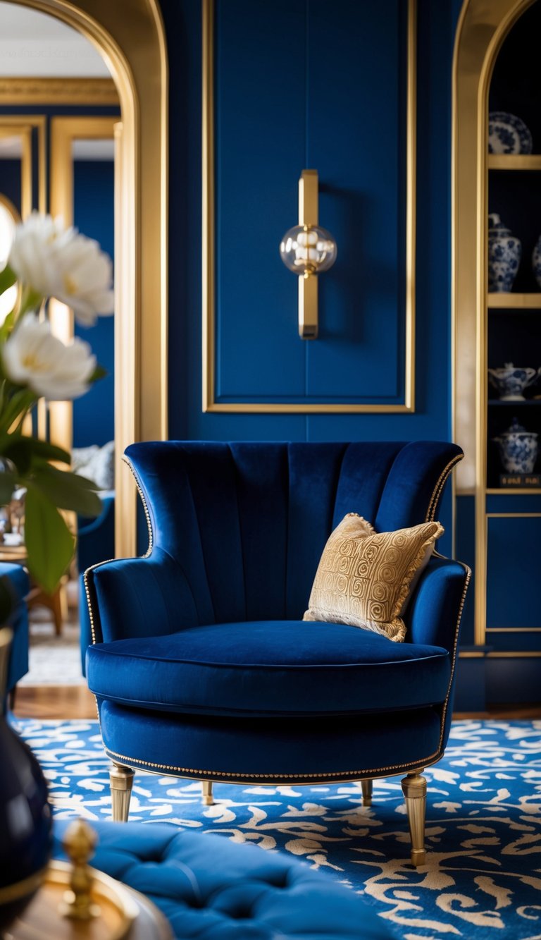 An elegant navy velvet armchair sits in a luxurious living room with a navy blue and gold color scheme