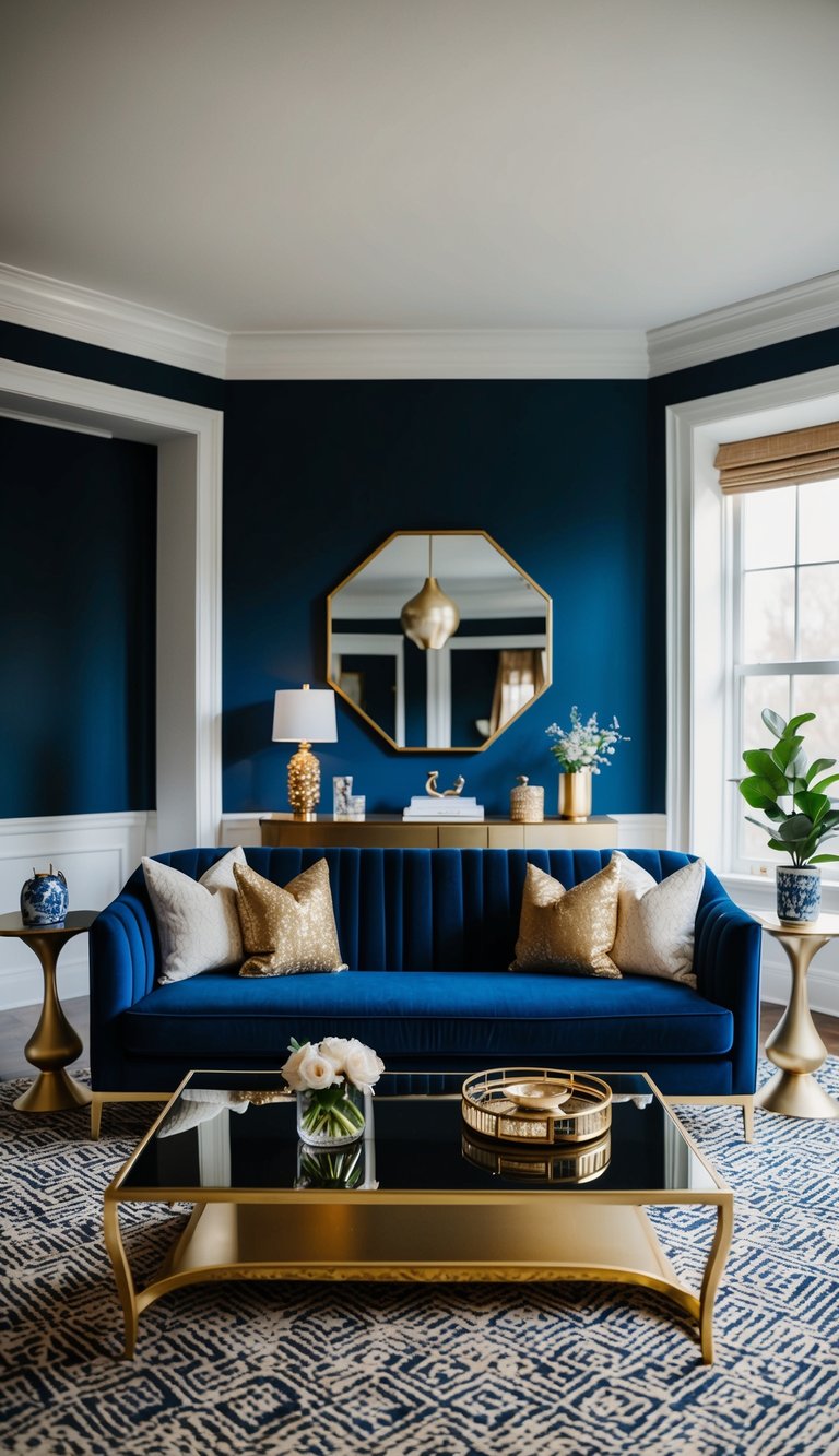 A navy blue velvet sofa sits in a gold and navy living room, centered around a sophisticated gold coffee table