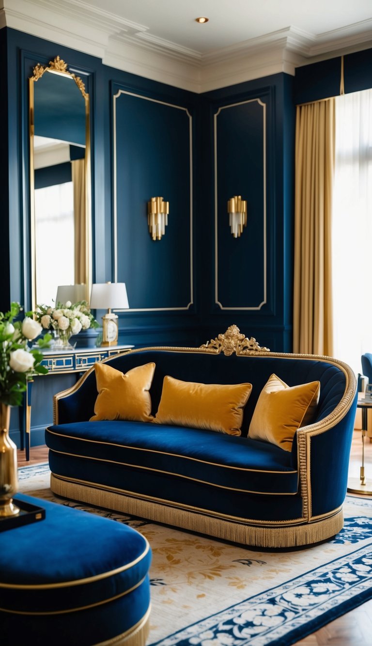 A luxurious navy blue and gold velvet sofa sits in an opulent Art Deco living room