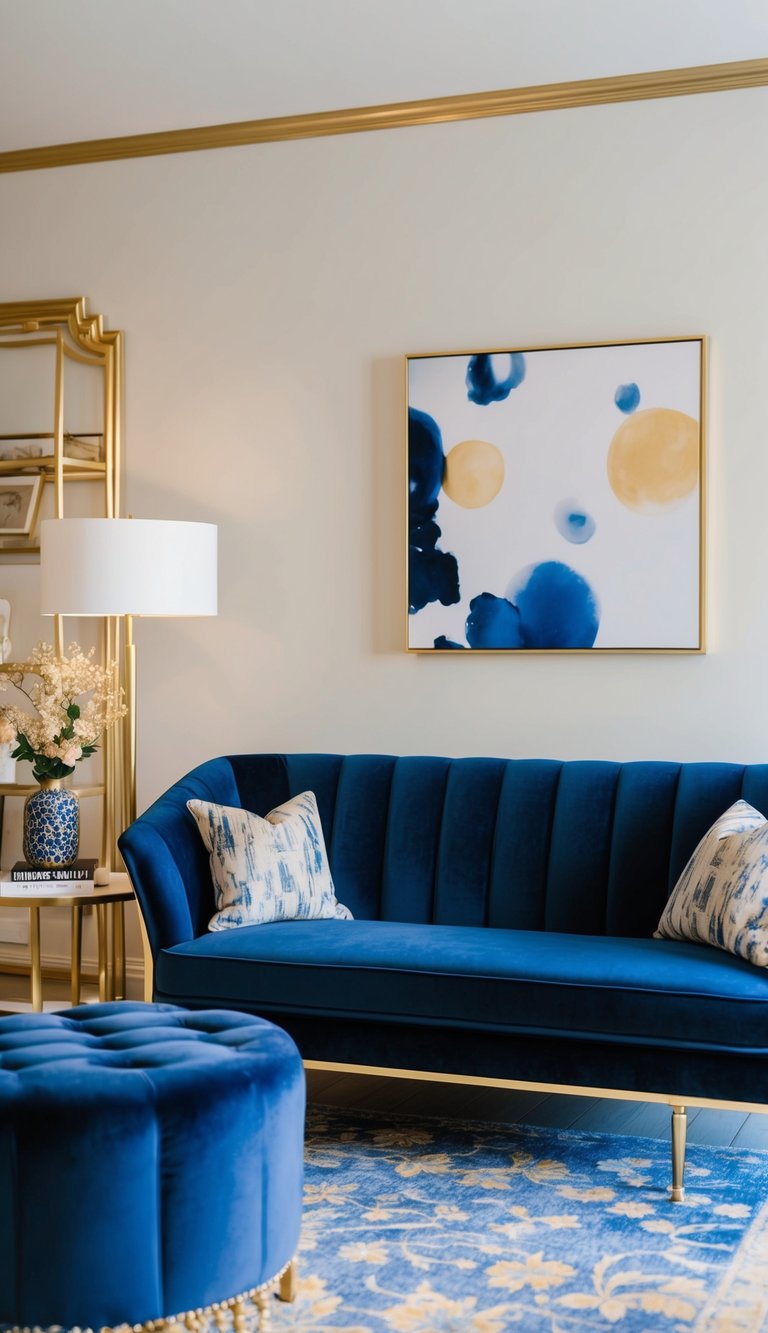 A navy blue velvet sofa sits in a gold-accented living room, accompanied by a trendy blue velvet ottoman
